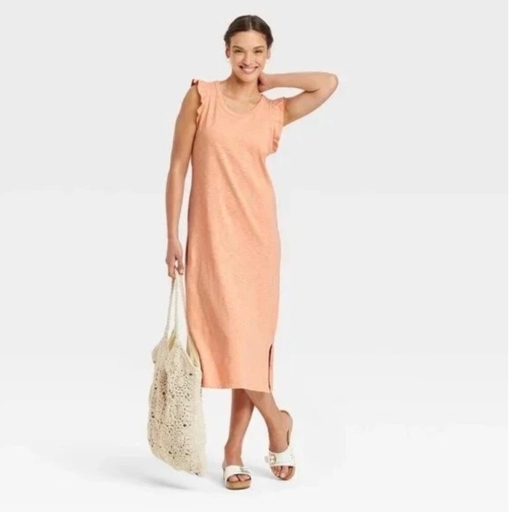 Universal Thread Coral Ruffle Sleeve Slub Knit Midi Dress XS Coastal Summer Boho